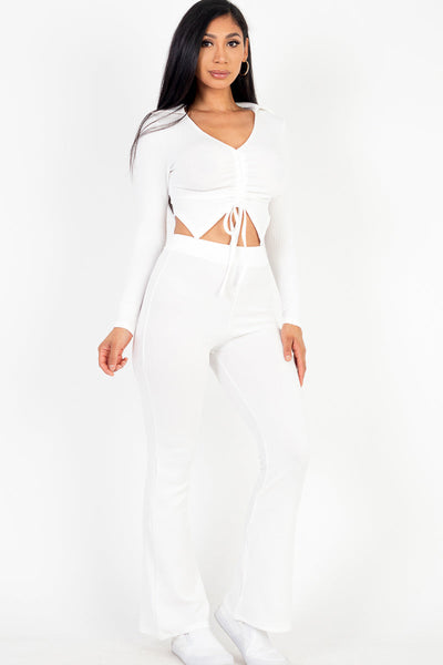 Ruched Drawstring Crop Shirt & Flare Pants Set (CAPELLA) - 1Caribbeanmall