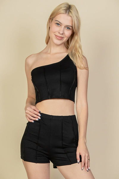 Exposed Seam One Shoulder Crop Top & Shorts Set (collective) - 1Caribbeanmall