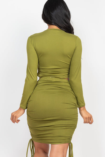 Ruched Side Long Sleeve Crop Top & Drawstring Skirt Set (CAPELLA) - 1Caribbeanmall