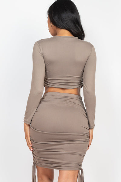 Ruched Side Long Sleeve Crop Top & Drawstring Skirt Set (CAPELLA) - 1Caribbeanmall