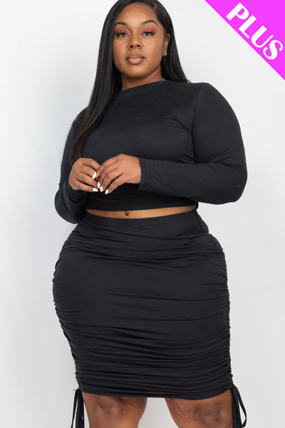 Plus Size Ruched Side Long Sleeve Crop Top & Drawstring Skirt Set (CAPELLA) - 1Caribbeanmall