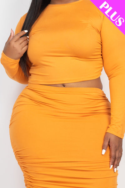 Plus Size Ruched Side Long Sleeve Crop Top & Drawstring Skirt Set (CAPELLA) - 1Caribbeanmall
