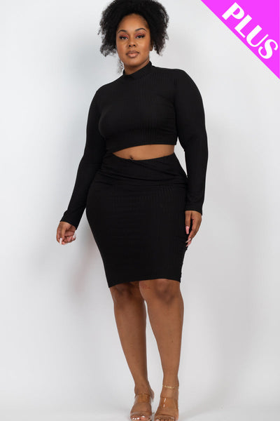 Plus Size Ribbed Mock Neck Crop Top & Midi Skirt Set - 1Caribbeanmall