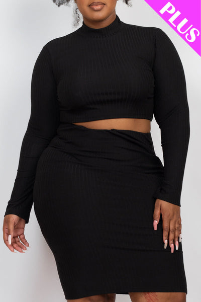 Plus Size Ribbed Mock Neck Crop Top & Midi Skirt Set - 1Caribbeanmall