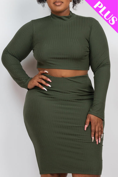 Plus Size Ribbed Mock Neck Crop Top & Midi Skirt Set - 1Caribbeanmall