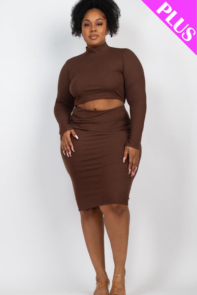 Plus Size Ribbed Mock Neck Crop Top & Midi Skirt Set - 1Caribbeanmall