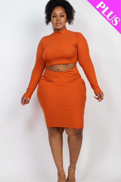 Plus Size Ribbed Mock Neck Crop Top & Midi Skirt Set - 1Caribbeanmall