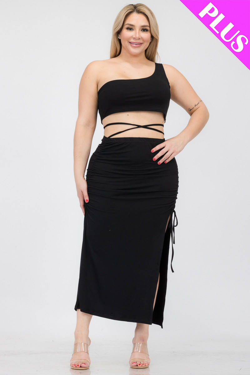 Plus Size Sexy Solid Color One Shoulder Crop Top & Drawstring Ruched Crisscross Tie Back Side Slit Hem Skirt Set (CAPELLA) - 1Caribbeanmall