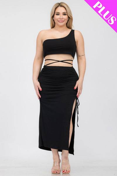 Plus Size Sexy Solid Color One Shoulder Crop Top & Drawstring Ruched Crisscross Tie Back Side Slit Hem Skirt Set (CAPELLA) - 1Caribbeanmall