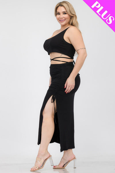 Plus Size Sexy Solid Color One Shoulder Crop Top & Drawstring Ruched Crisscross Tie Back Side Slit Hem Skirt Set (CAPELLA) - 1Caribbeanmall