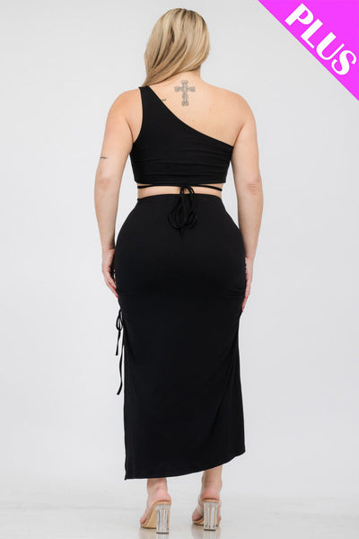 Plus Size Sexy Solid Color One Shoulder Crop Top & Drawstring Ruched Crisscross Tie Back Side Slit Hem Skirt Set (CAPELLA) - 1Caribbeanmall