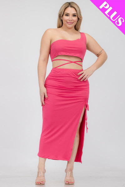 Plus Size Sexy Solid Color One Shoulder Crop Top & Drawstring Ruched Crisscross Tie Back Side Slit Hem Skirt Set (CAPELLA) - 1Caribbeanmall