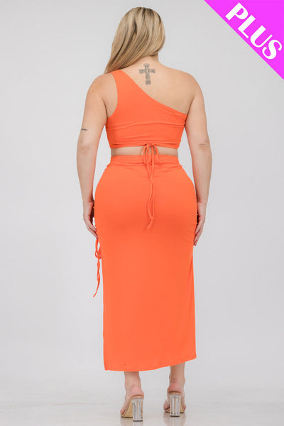 Plus Size Sexy Solid Color One Shoulder Crop Top & Drawstring Ruched Crisscross Tie Back Side Slit Hem Skirt Set (CAPELLA) - 1Caribbeanmall