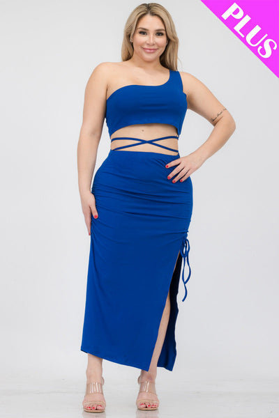 Plus Size Sexy Solid Color One Shoulder Crop Top & Drawstring Ruched Crisscross Tie Back Side Slit Hem Skirt Set (CAPELLA) - 1Caribbeanmall