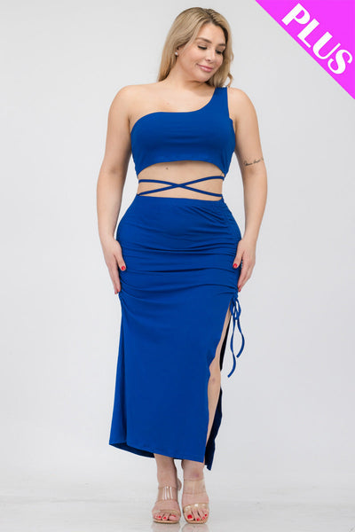 Plus Size Sexy Solid Color One Shoulder Crop Top & Drawstring Ruched Crisscross Tie Back Side Slit Hem Skirt Set (CAPELLA) - 1Caribbeanmall