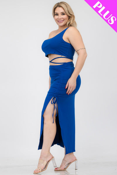 Plus Size Sexy Solid Color One Shoulder Crop Top & Drawstring Ruched Crisscross Tie Back Side Slit Hem Skirt Set (CAPELLA) - 1Caribbeanmall