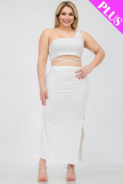 Plus Size Sexy Solid Color One Shoulder Crop Top & Drawstring Ruched Crisscross Tie Back Side Slit Hem Skirt Set (CAPELLA) - 1Caribbeanmall