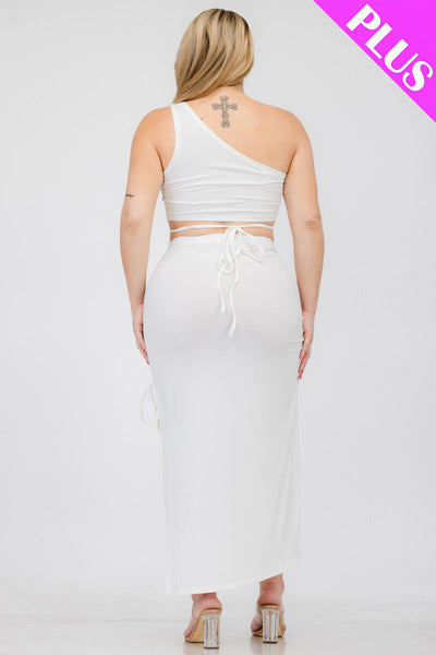 Plus Size Sexy Solid Color One Shoulder Crop Top & Drawstring Ruched Crisscross Tie Back Side Slit Hem Skirt Set (CAPELLA) - 1Caribbeanmall