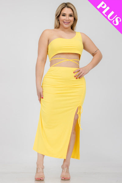 Plus Size Sexy Solid Color One Shoulder Crop Top & Drawstring Ruched Crisscross Tie Back Side Slit Hem Skirt Set (CAPELLA) - 1Caribbeanmall