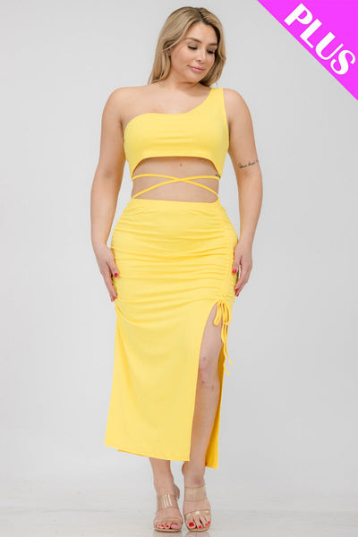 Plus Size Sexy Solid Color One Shoulder Crop Top & Drawstring Ruched Crisscross Tie Back Side Slit Hem Skirt Set (CAPELLA) - 1Caribbeanmall