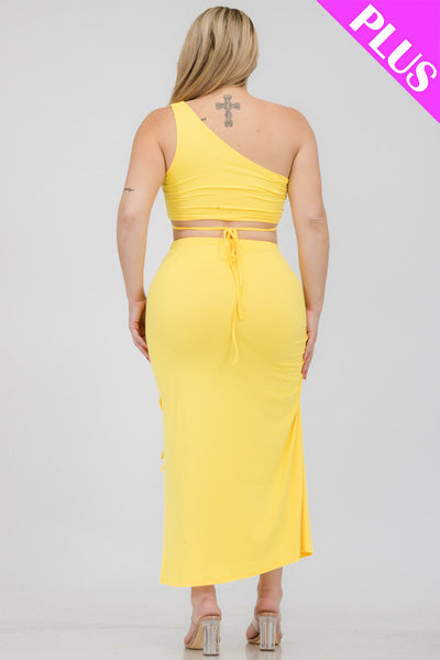 Plus Size Sexy Solid Color One Shoulder Crop Top & Drawstring Ruched Crisscross Tie Back Side Slit Hem Skirt Set (CAPELLA) - 1Caribbeanmall