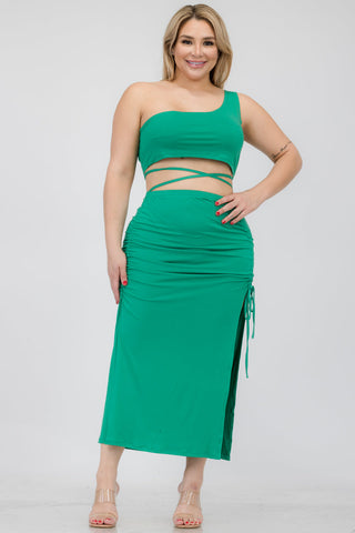 Plus Size Sexy Solid Color One Shoulder Crop Top & Drawstring Ruched Crisscross Tie Back Side Slit Hem Skirt Set (CAPELLA) - 1Caribbeanmall