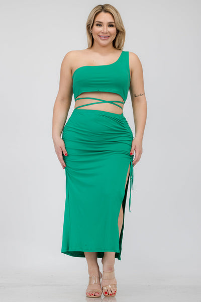 Plus Size Sexy Solid Color One Shoulder Crop Top & Drawstring Ruched Crisscross Tie Back Side Slit Hem Skirt Set (CAPELLA) - 1Caribbeanmall