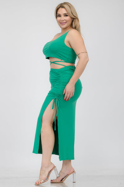 Plus Size Sexy Solid Color One Shoulder Crop Top & Drawstring Ruched Crisscross Tie Back Side Slit Hem Skirt Set (CAPELLA) - 1Caribbeanmall