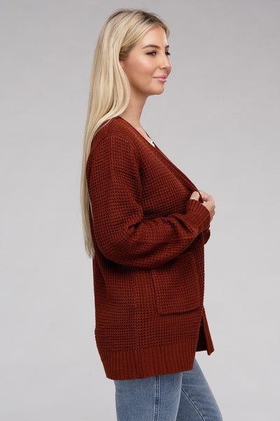 Low Gauge Waffle Open Cardigan Sweater - 1Caribbeanmall