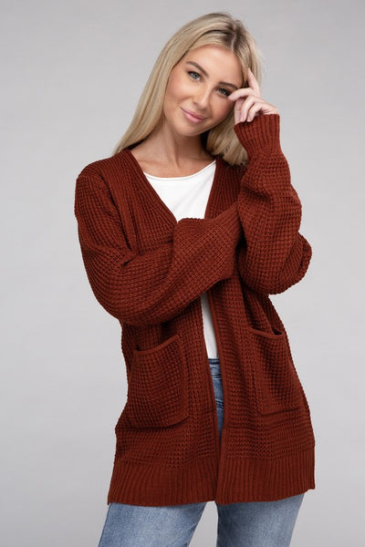 Low Gauge Waffle Open Cardigan Sweater - 1Caribbeanmall